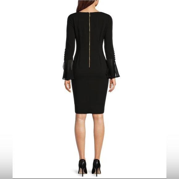 Calvin Klein Chiffon Black Long Sheer Bell Sleeve Round Neck Sheath Dress - Picture 2 of 7